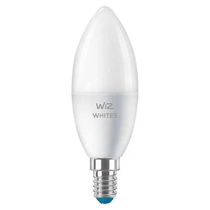 Philips Wiz Smart-LED-Lampe - E14, Dimmbar, Neutralweiß, 470 lm, 4,9 W, 2 Stk. - Abbildung einer WiZ Whites E14 LED-Lampe mit einer Leistung von 4,9 Watt und einer Farbtemperatur von 2700K in einer Nahaufnahme.
