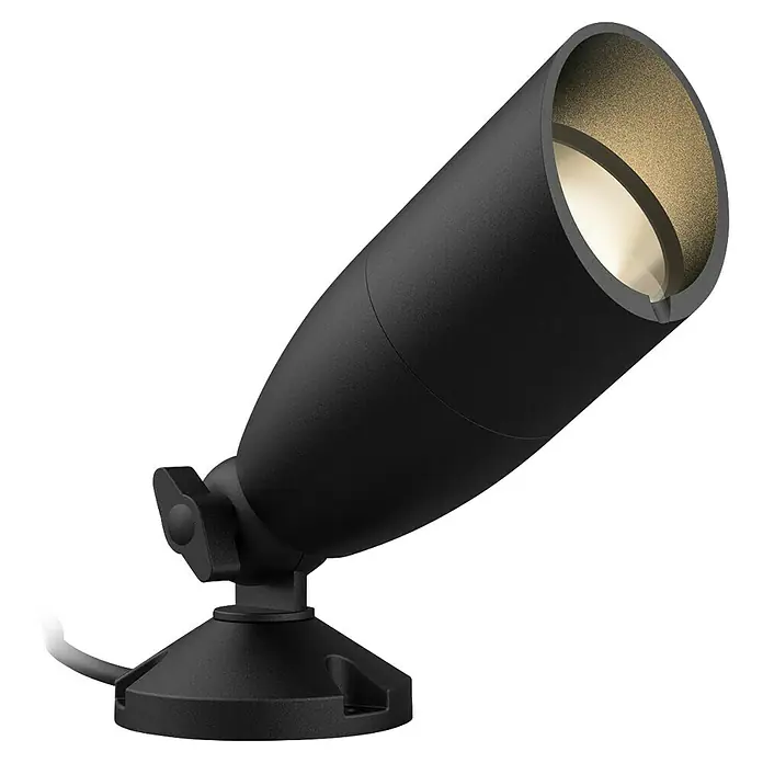 Philips Wiz LED-Gartenstrahler Erweiterungsset - IP65, LED, 1 Stk. - Detaillierte Aufnahme eines schwarzen Gartenstrahlers, der Licht und Schatten kunstvoll kombiniert und die robuste Bauweise hervorhebt.