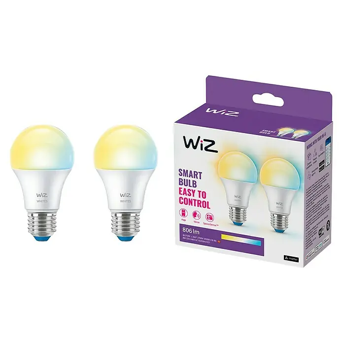 Philips Wiz Smart-LED-Lampe matter - E27, Dimmbar, Neutralweiß, 806 lm, 8 W, 2 Stk. - Intelligente WiZ LED-Glühbirnen "Whites" im Doppelpack mit Farbwechsel, für smarte Beleuchtung im ganzen Haus.