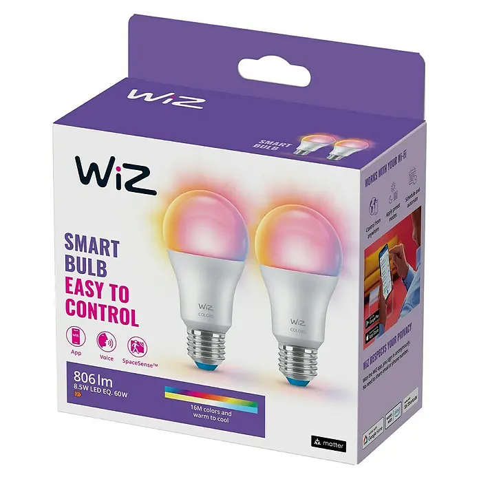 Philips Wiz Smart-LED-Lampe - E27, Dimmbar, RGBW, 806 lm, 9 W, 2 Stk. - Die smarte WiZ-Glühbirne, einfach zu bedienen und mit 16 Millionen Farben, für individuelle Beleuchtung.