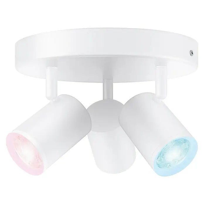 Philips Wiz LED-Deckenstrahler rund Imageo - 15 W, RGBW, Anzahl Leuchtmittel: 3 Stk., L x B x H: 21 x 21 x 12,3 cm, Weiß - Deckenleuchte mit drei Strahlern, die in verschiedene Richtungen zeigen, mit pinkfarbenem und blauem Licht.