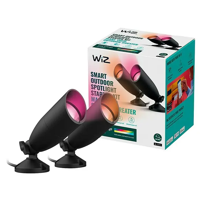 Philips Wiz LED-Gartenstrahler Starterset - IP65, LED, 2 Stk. - Ein WiZ Smart Outdoor Spotlight Starter Kit, bestehend aus zwei intelligenten Strahlern mit Farbwechsel und der zugehörigen Verpackung.