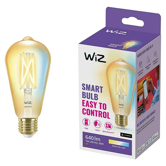 Philips Wiz Smart-LED-Lampe - E27, Dimmbar, Neutralweiß, 640 lm, 7 W, 2 Stk. - Das Bild zeigt eine intelligente WiZ LED-Glühbirne in Edisonform und ihre Verpackung. Die smarte Glühbirne ist einfach zu steuern und dimmbar.