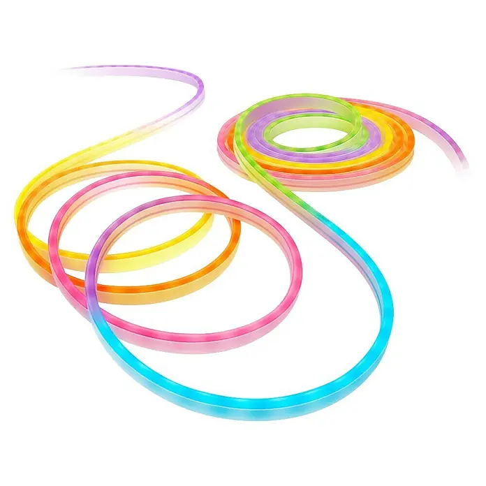 WiZ LED-Stripes Neon Flex - Länge: 10 m, RGBW - Buntes LED-Lichtband, aufgerollt und in Schlaufen gelegt, ideal für dekorative Beleuchtung im Innenbereich.