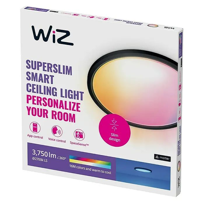 Philips Wiz Smart-LED-Deckenleuchte rund Tunable White & Color SuperSlim - 32 W, Ø x H: 55 x 4,8 cm, Schwarz, RGBW - Bild einer WiZ Superslim Smart Deckenleuchte-Verpackung. Das Produkt verfügt über App-Steuerung, Sprachsteuerung, SpaceSense und schlankes Design.