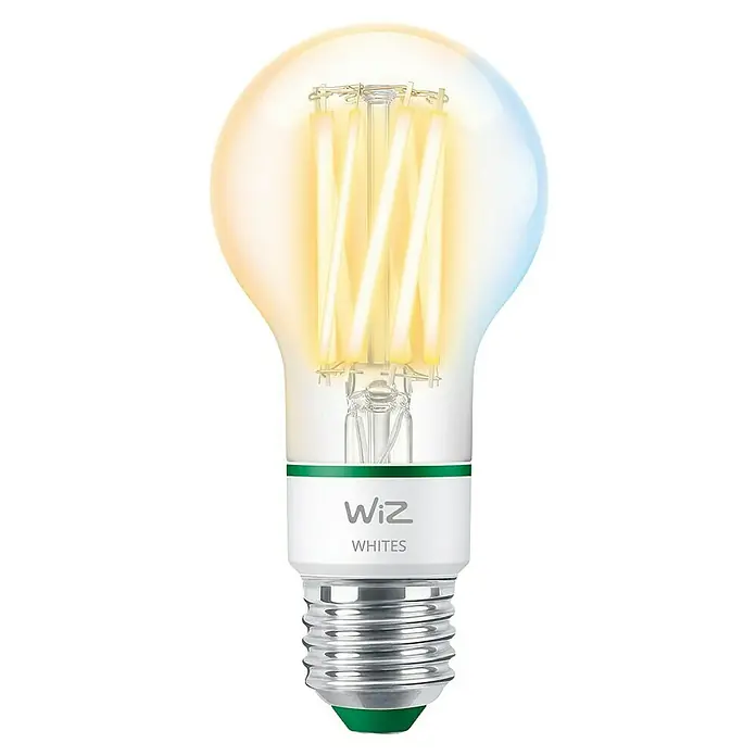 Philips Wiz Smart-LED-Lampe - E27, Dimmbar, Neutralweiß, 903 lm, 4,3 W, 1 Stk. - Produktbild einer WiZ Whites LED-Lampe mit Glühfaden-Design, die ein warmes, einstellbares Weißlicht für eine gemütliche Atmosphäre bietet.