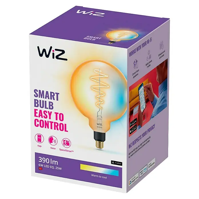 Philips Wiz Smart-LED-Lampe matter - E27, Dimmbar, Neutralweiß, 390 lm, 6 W, 1 Stk. - Produktverpackung einer intelligenten Wiz-Glühbirne mit 390 lm, 6W LED (entspricht 25W), warm bis kühl einstellbar.