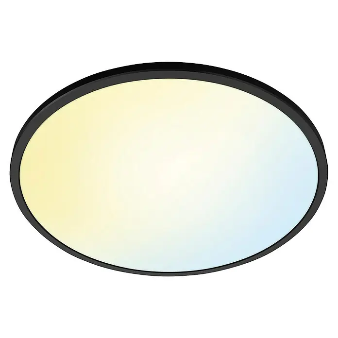 Philips Wiz LED-Deckenleuchte rund Tunable White SuperSlim - 14 W, Ø x H: 24,2 x 2,3 cm, Farbe Gehäuse: Schwarz, Kaltweiß - Runde LED-Deckenleuchte mit einem schlanken schwarzen Rahmen, die ein weiches, dimmbares Licht für eine gemütliche Atmosphäre bietet.