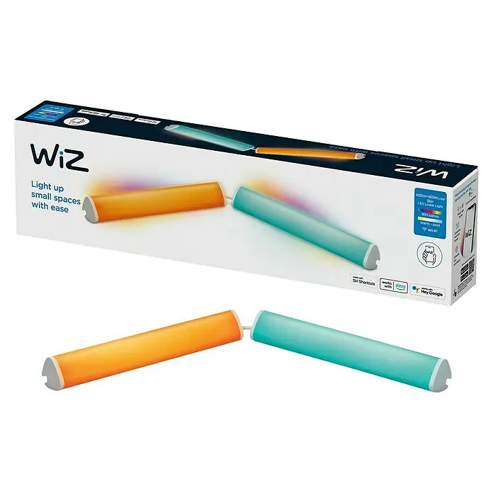 Philips Wiz LED-Balkenleuchte Light-Bar - 10,5 W, Länge: 5,9 cm, RGBW - Das Bild zeigt ein WiZ LED Linear Licht-Set, ideal zur Beleuchtung kleiner Räume, mit 16 Millionen Farben und Wi-Fi-Steuerung.