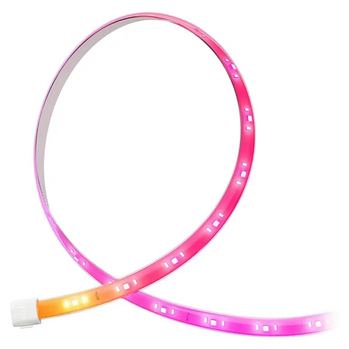 Philips Hue LED-Stripes White and Color Gradient Erweiterung Flux - Länge: 5 m, Lichtfarbe: RGBW, 2.000 lm, 48 W - Nahaufnahme eines flexiblen Philips Hue Lightstrip mit leuchtenden, farbwechselnden LEDs, ideal für dekorative Beleuchtung und stimmungsvolle Akzente.