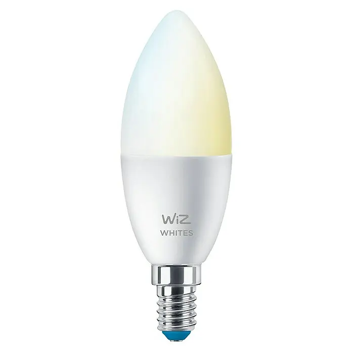 Philips Wiz Smart-LED-Lampe - E14, Dimmbar, Neutralweiß, 470 lm, 4,9 W, 2 Stk. - Nahaufnahme einer WiZ Whites E14 LED-Lampe mit warmweissem Farbton und sichtbarem Schraubsockel auf schwarzem Hintergrund.