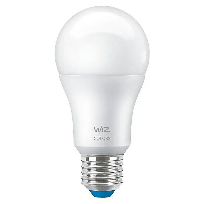 Philips Wiz Smart-LED-Lampe - E27, Dimmbar, RGBW, 806 lm, 9 W, 2 Stk. - Nahaufnahme einer intelligenten WiZ Colors LED-Lampe, die Energieeffizienz und farbige Beleuchtungsoptionen für moderne Wohnräume bietet.