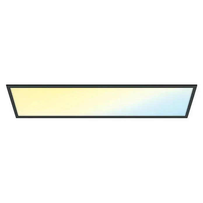 Philips Wiz LED-Panel Tunable White Slim Design - 12 W, L x B x H: 119,5 x 29,5 x 4 cm, Schwarz, Kaltweiß - Eine trapezförmige, LED-Deckenleuchte, die von warmem Gelb zu kühlem Blau übergeht und in einem schlanken, dunklen Rahmen eingefasst ist.