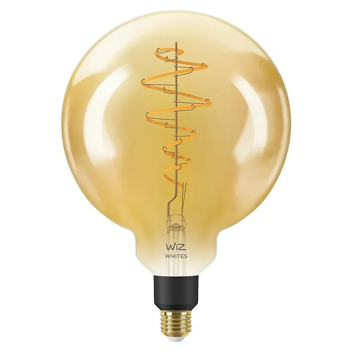 Philips Wiz Smart-LED-Lampe matter - E27, Dimmbar, Neutralweiß, 390 lm, 6 W, 1 Stk. - Das Bild zeigt eine WiZ Whites Glühbirne mit einem warmen, gelblichen Licht und einem dekorativen Glühfaden. Die smarte Lampe ist dimmbar.