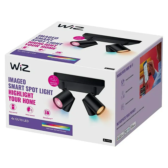 Philips Wiz LED-Deckenstrahler Imageo - 20 W, L x B x H: 22 x 22 x 12,3 cm, Schwarz, RGBW - Verpackung für WiZ Imageo Smart Spot Light mit 4 GU10 LED-Lampen, App- und Sprachsteuerung, 16 Millionen Farben und warmem bis kühlem Licht.