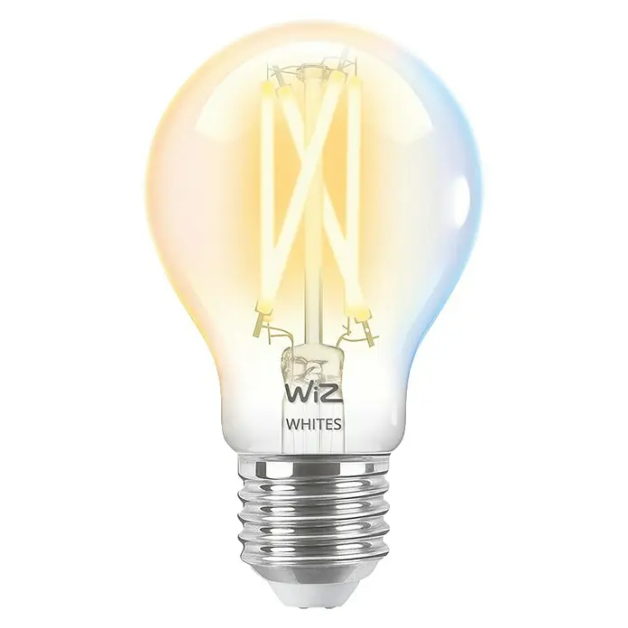 Smart-LED-Lampe matter - E27, Dimmbar, Mehrfarbig, 806 lm, 7 W, 2 Stk. - Nahaufnahme einer WiZ Whites LED-Lampe, die ein warmes, einladendes Licht ausstrahlt und Energieeffizienz mit stilvollem Design verbindet.