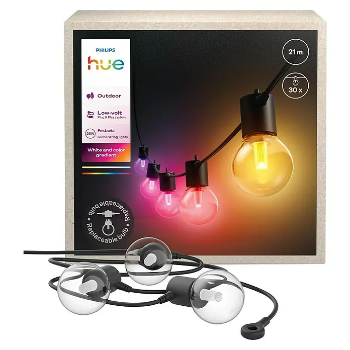 Philips Hue LED-Lichterkette Festavia Globe - 21 m, Anzahl Leuchtmittel: 30 Stk. - Philips Hue Festavia Globe-Lichterkette für den Außenbereich mit 21 m Länge und 30 Leuchten, die weißes und farbiges Licht erzeugen.