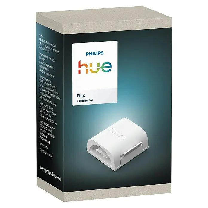 Philips Hue Steckverbinder Flux - L x B x H: 2 cm x 2,8 cm x 8 mm - Produktverpackung für Philips Hue Flux Connector, weißes Zubehörteil für intelligente Beleuchtung.