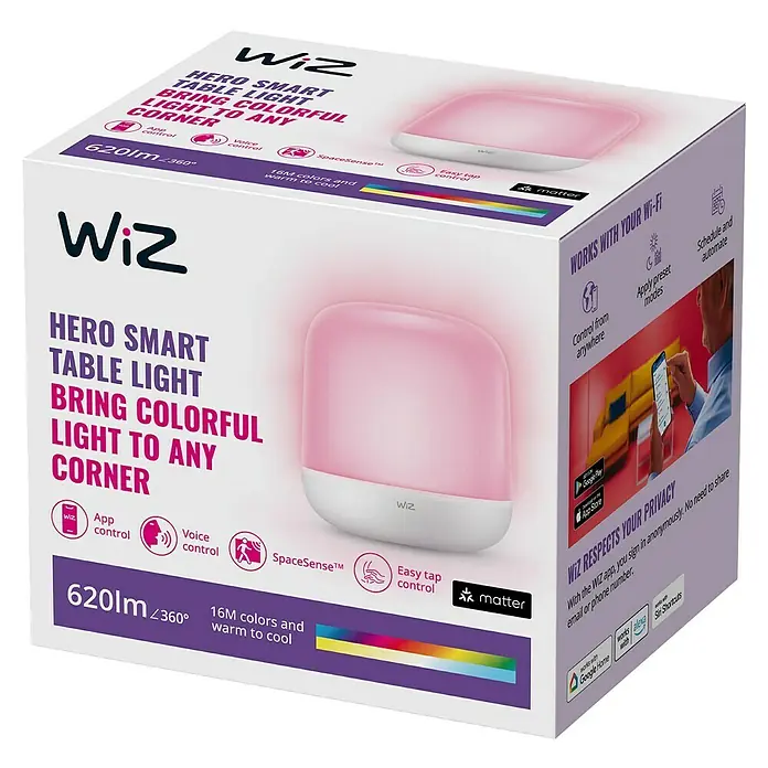 Philips Wiz LED-Tischleuchte Hero - 9 W, L x B x H: 15 x 15 x 15 cm, Weiß, RGBW - Nahaufnahme der Verpackung einer WiZ Hero Smart Tischleuchte, die ihre intelligenten Funktionen und farbenfrohen Beleuchtungsoptionen hervorhebt.
