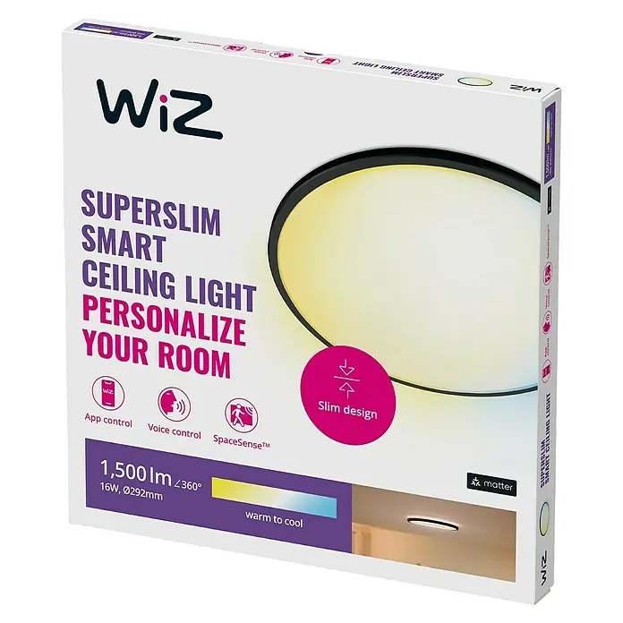 Philips Wiz LED-Deckenleuchte rund Tunable White SuperSlim - 16 W, Ø x H: 29,2 x 2,3 cm, Farbe Gehäuse: Schwarz, Kaltweiß - Packung der WiZ Superslim Smart Deckenleuchte mit App- und Sprachsteuerung und SpaceSense™-Technologie für personalisierte Beleuchtung.