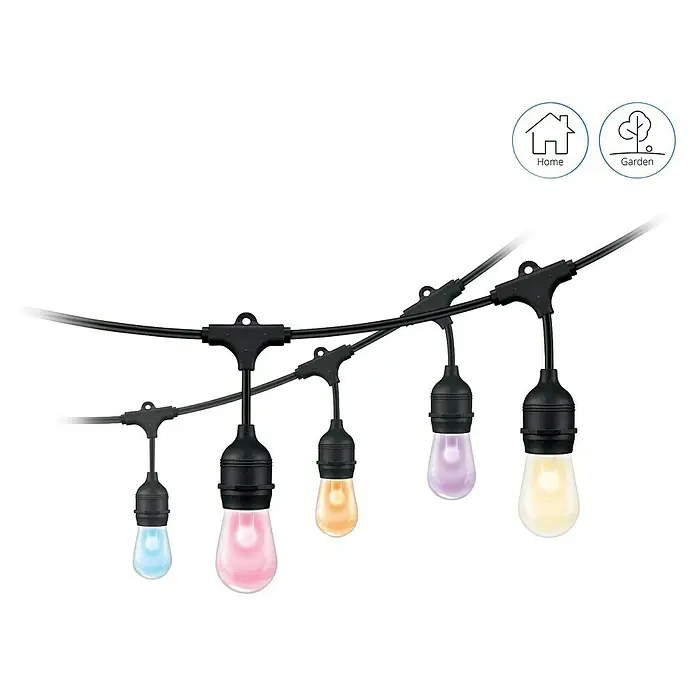 Philips Wiz LED-Lichterkette - Außen, 14,8 m, Lichtfarbe: RGBW - Lichterkette mit bunten Glühbirnen, geeignet für den Innen- und Außenbereich, ideal für Garten und Zuhause, um eine gemütliche Atmosphäre zu schaffen.
