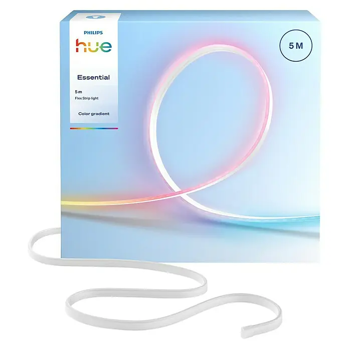 Philips Hue LED-Stripes Neon Flex - Länge: 5 m, RGBW, 100 lm - Produktbild einer Philips Hue Essential Lightstrip, 5 Meter lang, mit Farbverlauf. Ideal für stimmungsvolle Beleuchtung.