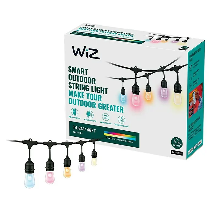 Philips Wiz LED-Lichterkette - Außen, 14,8 m, Lichtfarbe: RGBW - Intelligente Wiz Outdoor-Lichterkette mit 16M Farben und warm bis kühl, 14.8M/48FT, 12x Birnen, app- und sprachgesteuerte Wasserdichtigkeit.