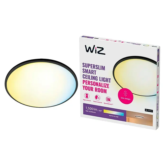 Philips Wiz LED-Deckenleuchte rund Tunable White SuperSlim - 16 W, Ø x H: 29,2 x 2,3 cm, Farbe Gehäuse: Schwarz, Kaltweiß - Ein WiZ Superslim Smart Deckenlicht neben seiner Verpackung, die smarte Funktionen wie App- und Sprachsteuerung hervorhebt.