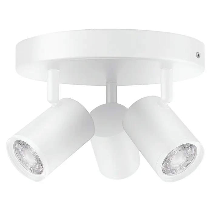 Philips Wiz LED-Deckenstrahler rund Imageo - 15 W, RGBW, Anzahl Leuchtmittel: 3 Stk., L x B x H: 21 x 21 x 12,3 cm, Weiß - Nahaufnahme einer weißen Deckenleuchte mit drei Strahlern, die ein modernes und minimalistisches Design zeigt.