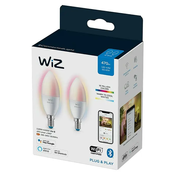 Philips Wiz Smart-LED-Lampe - E14, Dimmbar, RGBW, 470 lm, 4,9 W, 2 Stk. - Verpackung der smarten WiZ LED-Lampe mit Farbwechsel, 470 Lumen, steuerbar über WLAN und Apps für intelligentes Licht.