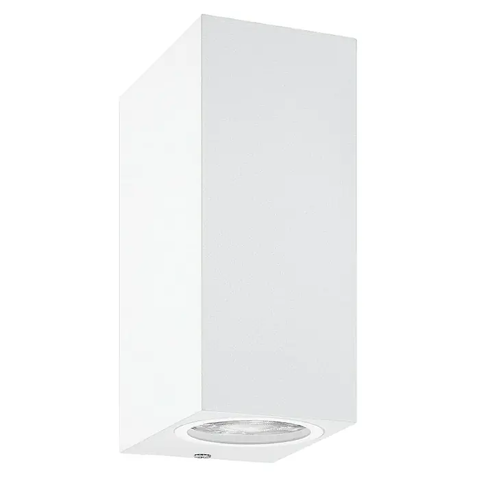 Philips Wiz LED-Außenwandleuchte Up & Down - 5 W, L x B x H: 9,2 x 6,8 x 15 cm, Weiß, RGBW - Produktfoto eines weißen Dunstabzugshaube für die Küche mit einem runden Licht, das unten angebracht ist.