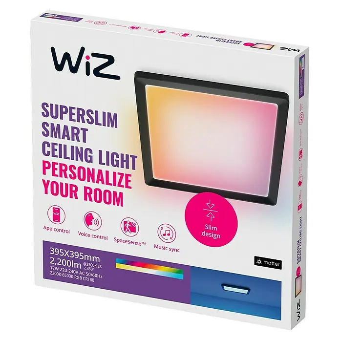 Philips Wiz LED-Panel - 17 W, L x B x H: 39,5 x 39,5 x 3,7 cm, Schwarz, RGBW - Verpackung der schlanken WiZ Smart Deckenleuchte mit App-Steuerung, Sprachsteuerung, Musiksynchronisation und Matter-Integration.