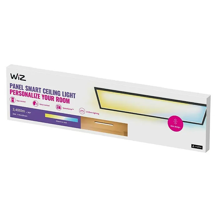 Philips Wiz LED-Panel Tunable White Slim Design - 12 W, L x B x H: 119,5 x 29,5 x 4 cm, Schwarz, Kaltweiß - Verpackung der smarten WiZ Deckenleuchte mit den Funktionen App-Steuerung, Sprachsteuerung und SpaceSense™. Schlankes Design und einstellbare Farbtemperatur.