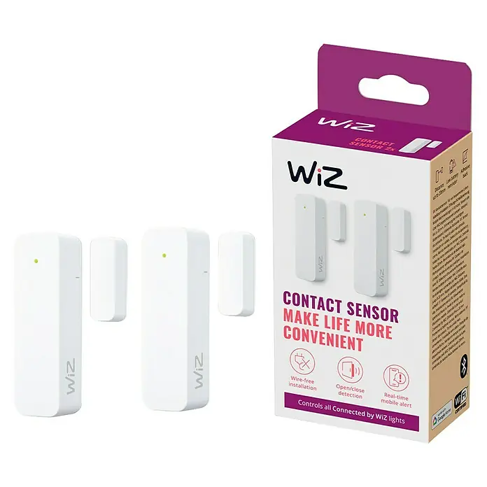 WiZ Fenster- & Türsensor - L x B x H: 7,65 x 2,25 x 2,25 cm - Produktbild des WiZ Kontaktsensors 2x, ein intelligenter Sensor zur Überwachung von Türen und Fenstern für ein intelligentes Zuhause.