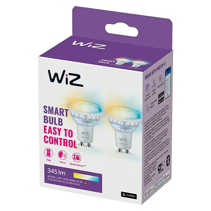 Philips Wiz Smart-LED-Lampe matter - GU10, Dimmbar, Neutralweiß, 345 lm, 4,7 W, 2 Stk. - Produktverpackung einer WiZ Smart Bulb. Intelligente, einfach zu steuernde GU10 LED Lampe mit vielen Funktionen & Einstellungsmöglichkeiten.