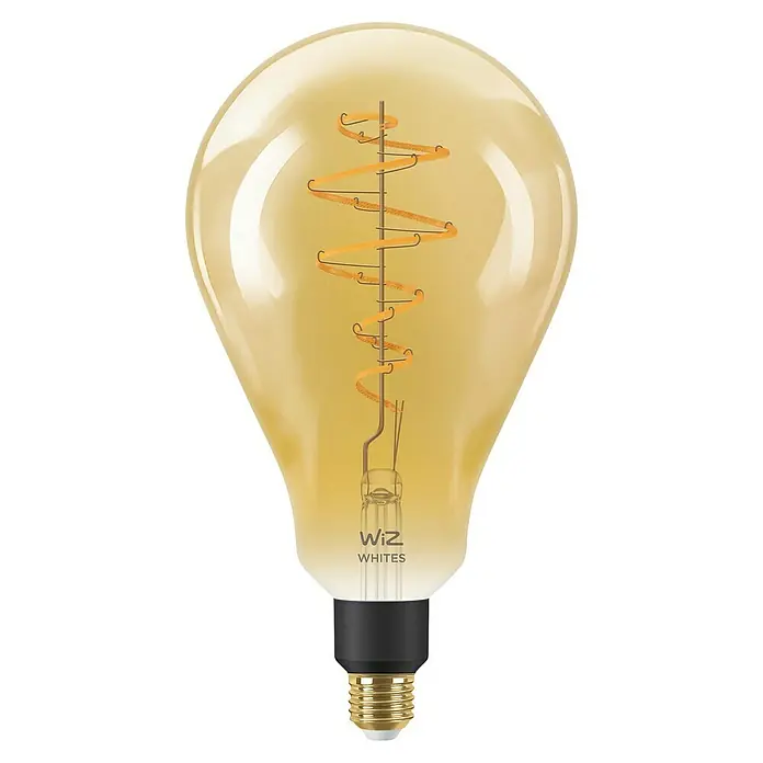 Philips Wiz Smart-LED-Lampe Filament Amber - E27, Dimmbar, Tageslichtweiß, 390 lm, 6 W - Das Bild zeigt eine intelligente WiZ Whites Glühbirne in Goldoptik mit einem spiralförmigen Filament.