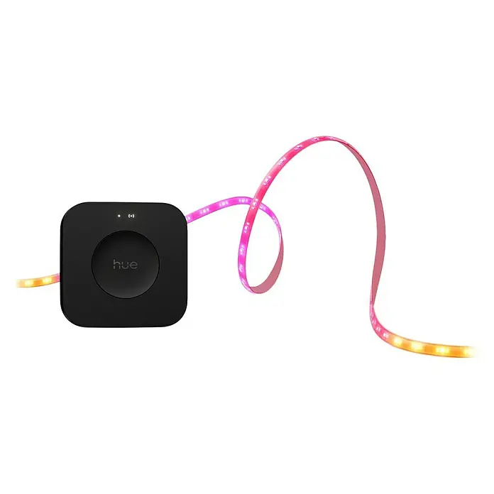Philips Hue LED-Stripes Flux Starter Kit Pro - 6 m, RGBW, 2.000 lm - Abbildung des Philips Hue Lightstrip Plus, der mit der Hue Bridge verbunden ist. Das System bietet intelligente Beleuchtung für Ihr Zuhause.