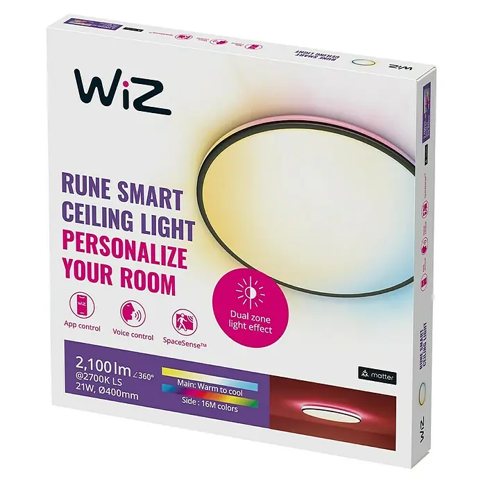 Philips Wiz LED-Deckenleuchte rund - 21 W, Ø x H: 40 x 4,5 cm, Schwarz, Kaltweiß - Verpackung der intelligenten WiZ Rune Deckenleuchte mit App- und Sprachsteuerung, Dual-Zone-Lichteffekt und einstellbarer Farbtemperatur.