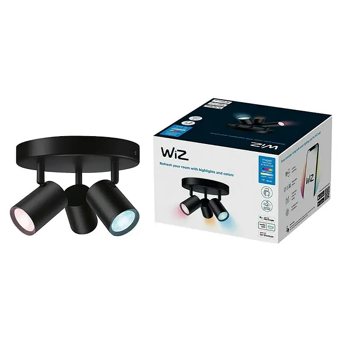 Philips Wiz LED-Deckenstrahler rund Imageo - 15 W, RGBW, Anzahl Leuchtmittel: 3 Stk., L x B x H: 21 x 21 x 12,3 cm, Schwarz - Das Bild zeigt eine WiZ Imageo Spotleuchte mit drei Strahlern und die dazugehörige Produktverpackung.