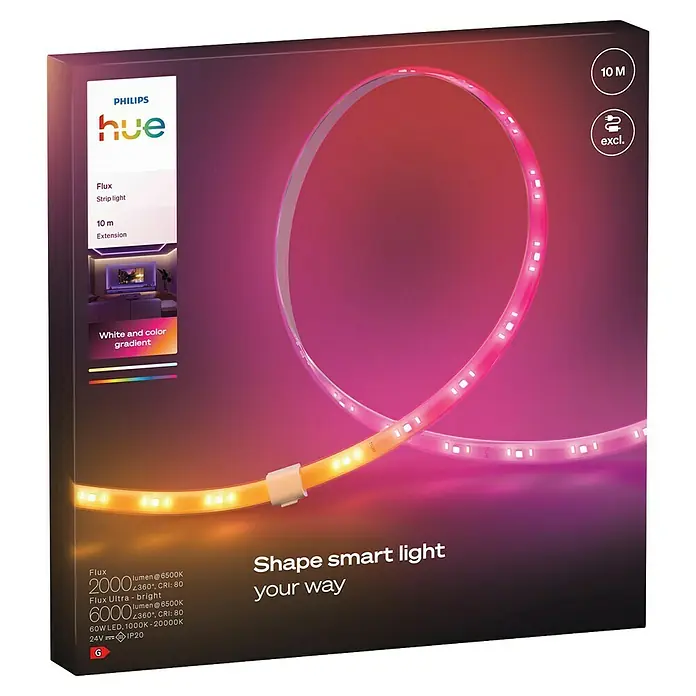 Philips Hue LED-Stripes White and Color Gradient Erweiterung Flux - Länge: 10 m, Lichtfarbe: RGBW, 2.000 lm - 4.800 lm, 60 W - Abbildung einer Philips Hue Flux LED-Leuchtstreifenverlängerung von 10 Metern mit Farbverlauf, ideal für die intelligente Beleuchtung zu Hause.