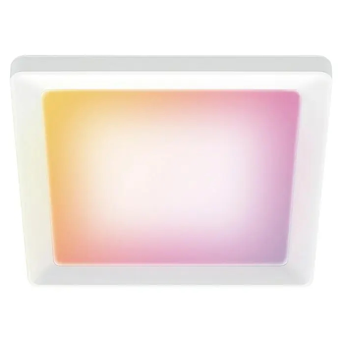 Philips Wiz LED-Panel - 17 W, L x B x H: 39,5 x 39,5 x 3,7 cm, Weiß, RGBW - Nahaufnahme einer quadratischen, farbveränderlichen LED-Deckenleuchte mit abgerundeten Ecken, die ein sanftes, mehrfarbiges Licht ausstrahlt.