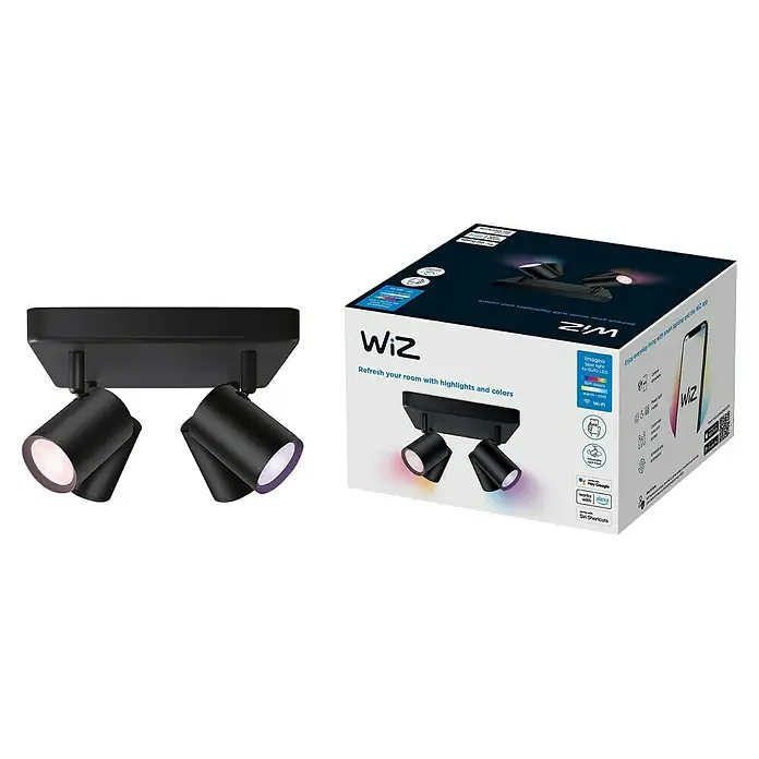 Philips Wiz LED-Deckenstrahler Imageo - 20 W, L x B x H: 22 x 22 x 12,3 cm, Schwarz, RGBW - Das Bild zeigt eine WiZ Imageo Spotleuchte mit 4x GU10 LED in Schwarz, neben ihrer Verpackung, die smarte Beleuchtung hervorhebt.
