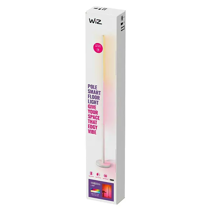 Philips Wiz LED-Stehleuchte Pole - 12 W, Höhe: 150 cm, Weiß, RGBW - Verpackung einer WiZ Pole Smart Stehleuchte, die modernes Ambiente mit intelligenter Steuerung für individuelle Beleuchtung kombiniert.