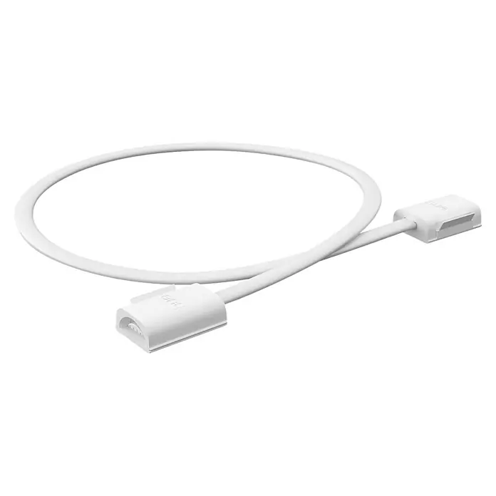 Philips Hue Verbinder Flex - Passend für: Flux Gradient Lightstrip, 4 Stk. - Eine Nahaufnahme eines weißen Philips Hue Smart-LED-Streifens mit zwei Endkappen, die mit "Hue" beschriftet sind, auf einer weißen Oberfläche.