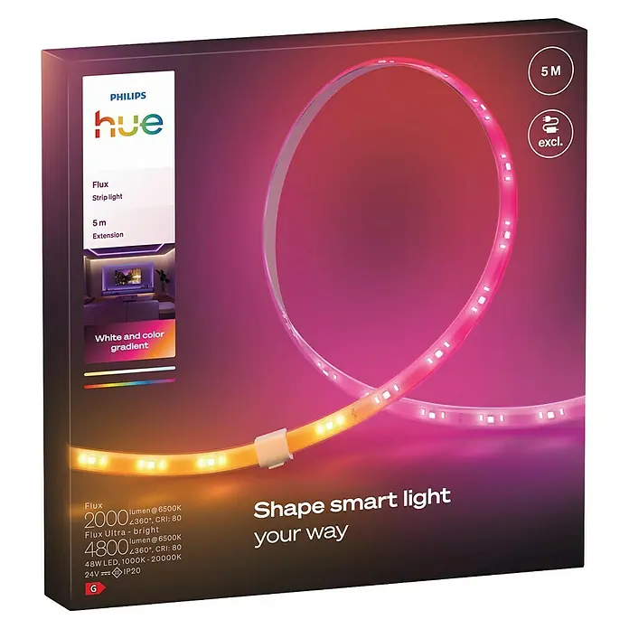 Philips Hue LED-Stripes White and Color Gradient Erweiterung Flux - Länge: 5 m, Lichtfarbe: RGBW, 2.000 lm, 48 W - Eine Philips Hue Flux Lichterkette, die intelligentes Licht formt. Sie ist 5 Meter lang und bietet weiße und farbige Farbverläufe.