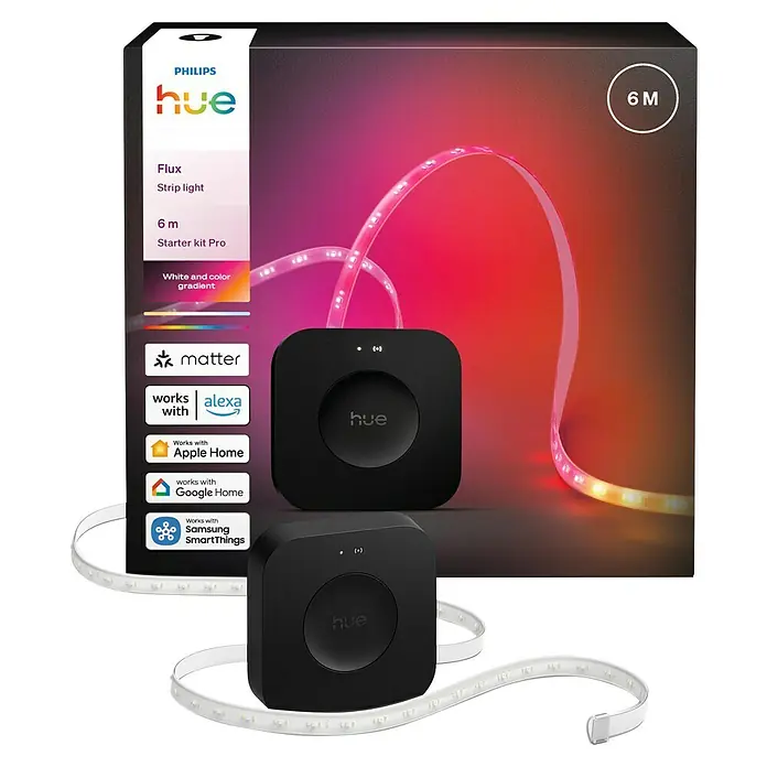 Philips Hue LED-Stripes Flux Starter Kit Pro - 6 m, RGBW, 2.000 lm - Das Philips Hue Flux Starter Kit Pro mit 6m Länge: Intelligente Beleuchtung für Ihr Zuhause mit Farbverläufen und Matter-Integration.