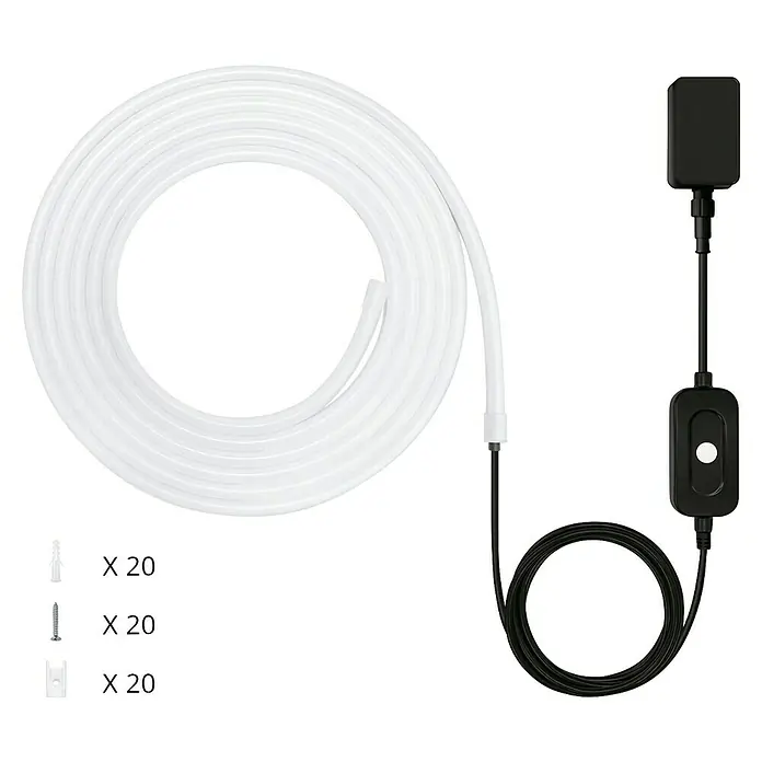 Philips Wiz Smart-LED-Band - Länge: 5 m, RGB, 24 W, 240 lm, 220 V - 240 V - Nahaufnahme einer LED-Lichterkette mit Zubehör. Die biegsame Neon-Lichterkette erzeugt eine tolle Atmosphäre.