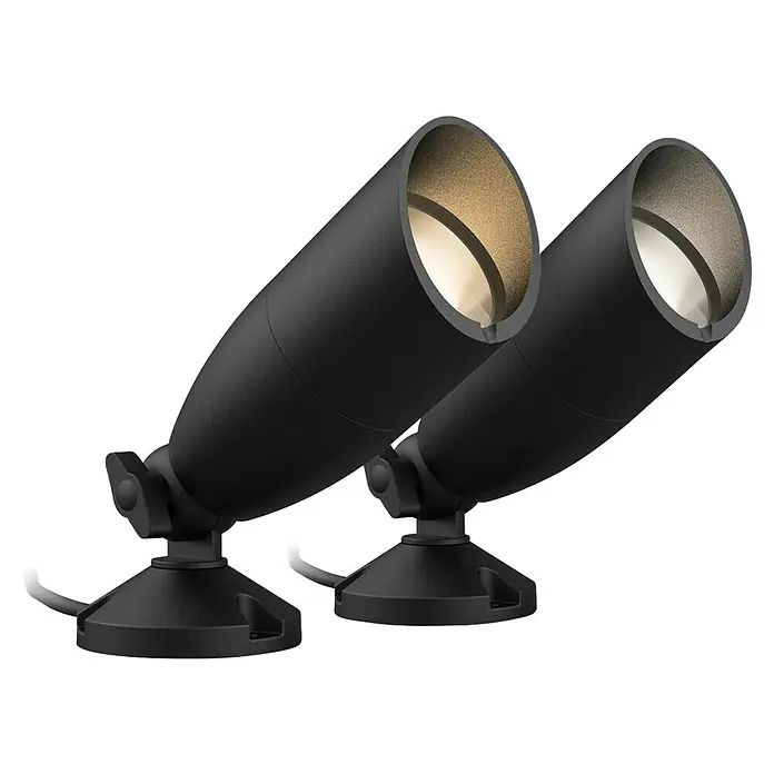 Philips Wiz LED-Gartenstrahler Starterset - IP65, LED, 2 Stk. - Zwei schwarze Gartenstrahler mit fokussiertem Lichtkegel, ideal für die Akzentuierung von Außenbereichen und zur Beleuchtung von Pflanzen oder Fassaden.