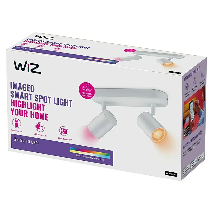 Philips Wiz LED-Deckenstrahler rund Imageo - 10 W, RGBW, Anzahl Leuchtmittel: 2 Stk., L x B x H: 12,3 x 25 x 10,5 cm, Weiß - Verpackung für WiZ Imageo Smart Spot Light mit dem Slogan "Highlight Your Home", die per App und Sprachsteuerung bedienbar ist.