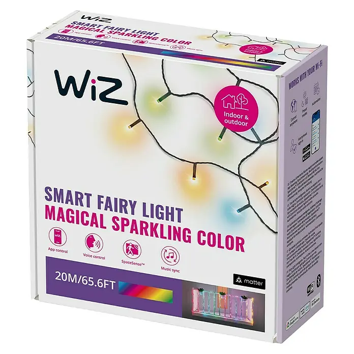 WiZ Smart-LED-Lichterkette - Innen, 20 m, Lichtfarbe: Mehrfarbig, 160 Stk. - Produktverpackung für WiZ Smart Fairy Light Magical Sparkling Color, 20m Länge, mit App- und Sprachsteuerung.